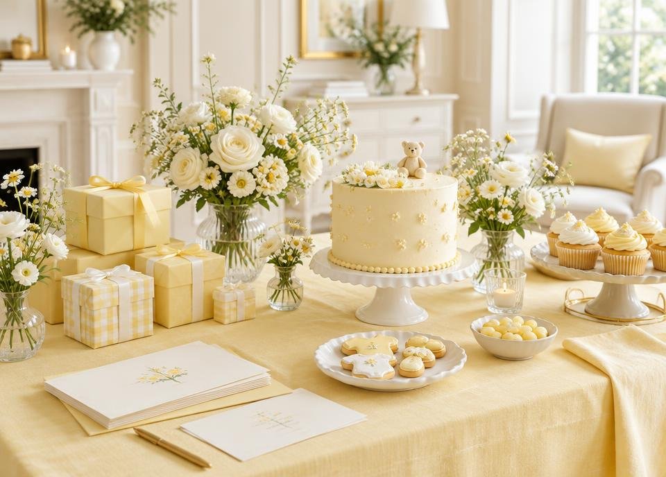 Mesa de chá de bebê organizada em amarelo suave