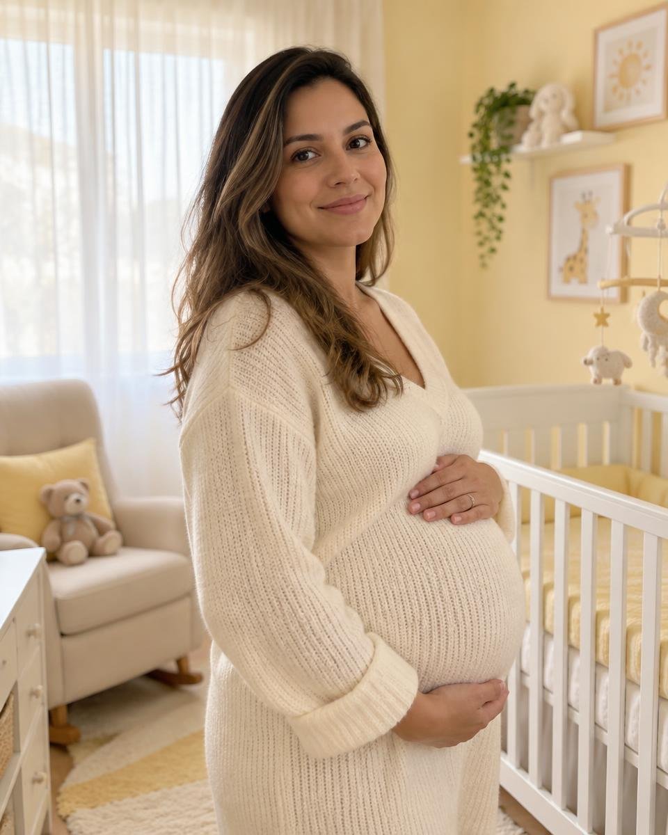 Juliana, gestante, em pé ao lado do berço no quarto do bebê