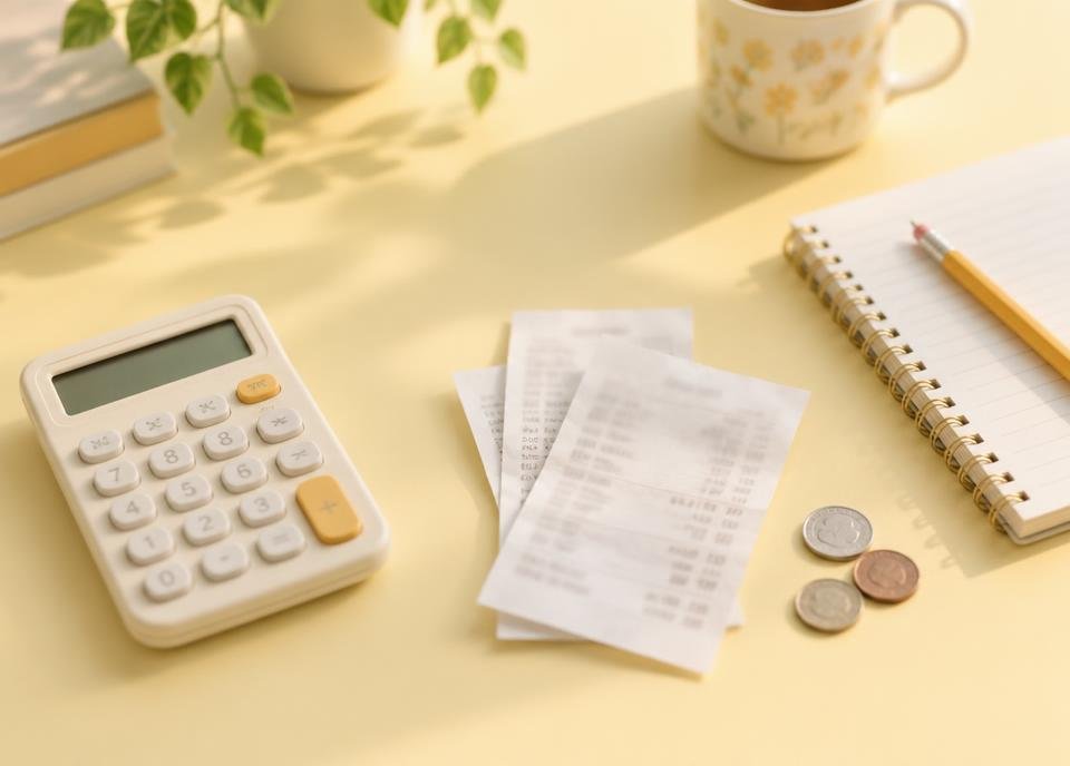 Calculadora, recibos e caderno sobre a mesa em tom amarelo suave