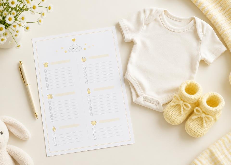 Lista de enxoval com roupinhas e sapatinhos de bebê